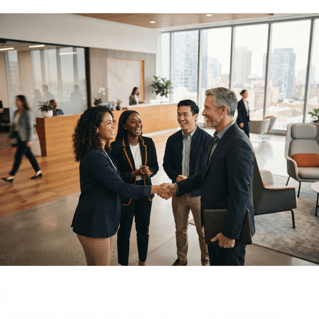The Canviz team welcoming a client in their office