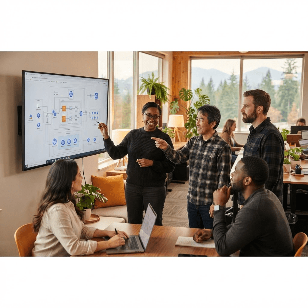 The Canviz engineering team collaborating in their Kirkland office