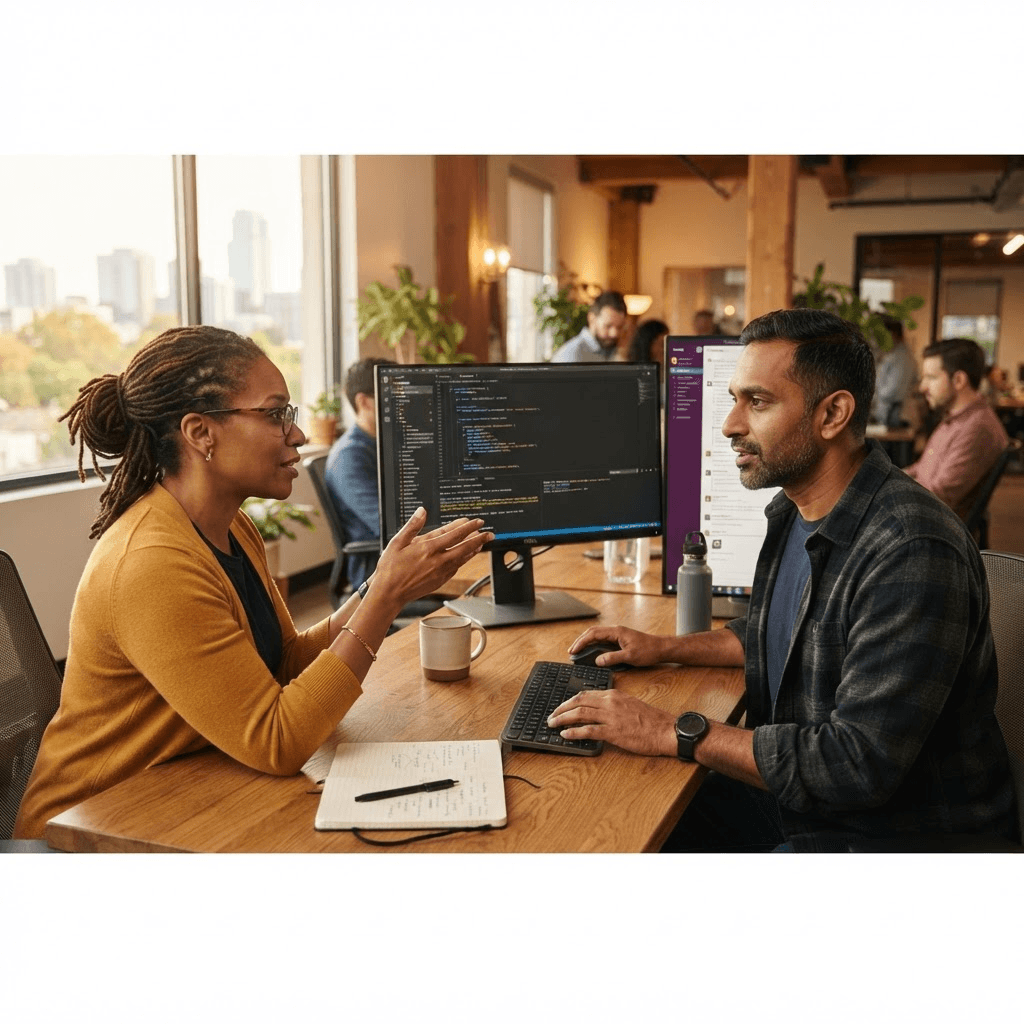 Senior Canviz engineers pair-programming at a modern workstation