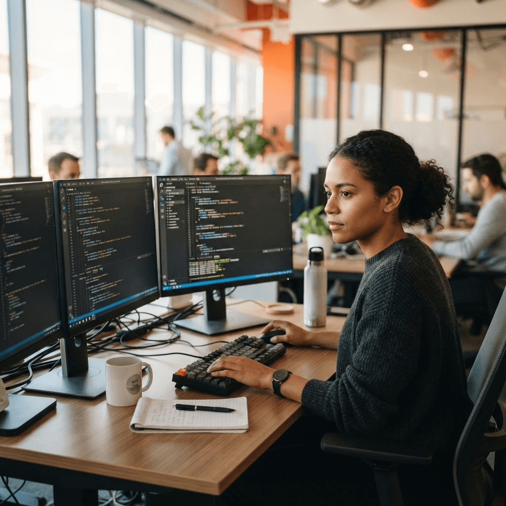 A Canviz software developer writing code at a multi-monitor workstation