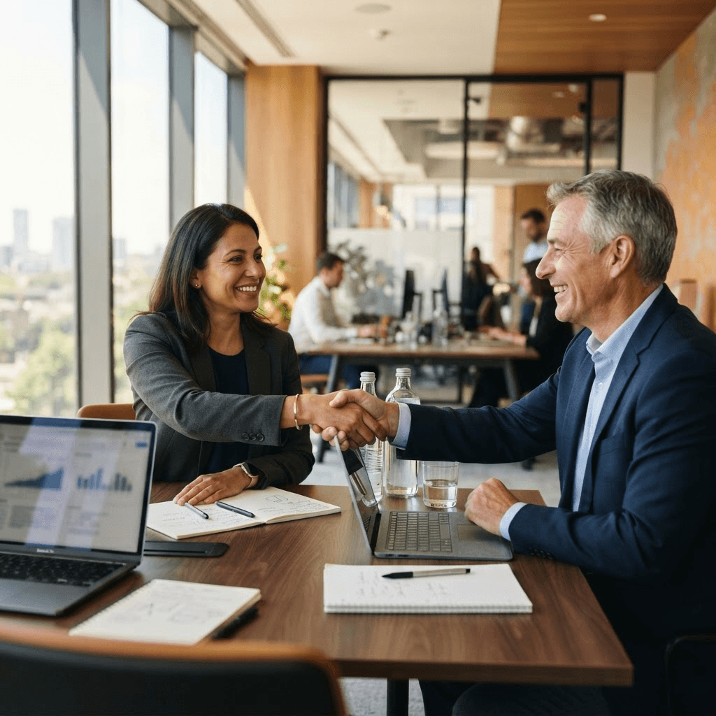 A Canviz consultant and enterprise client shaking hands in a meeting