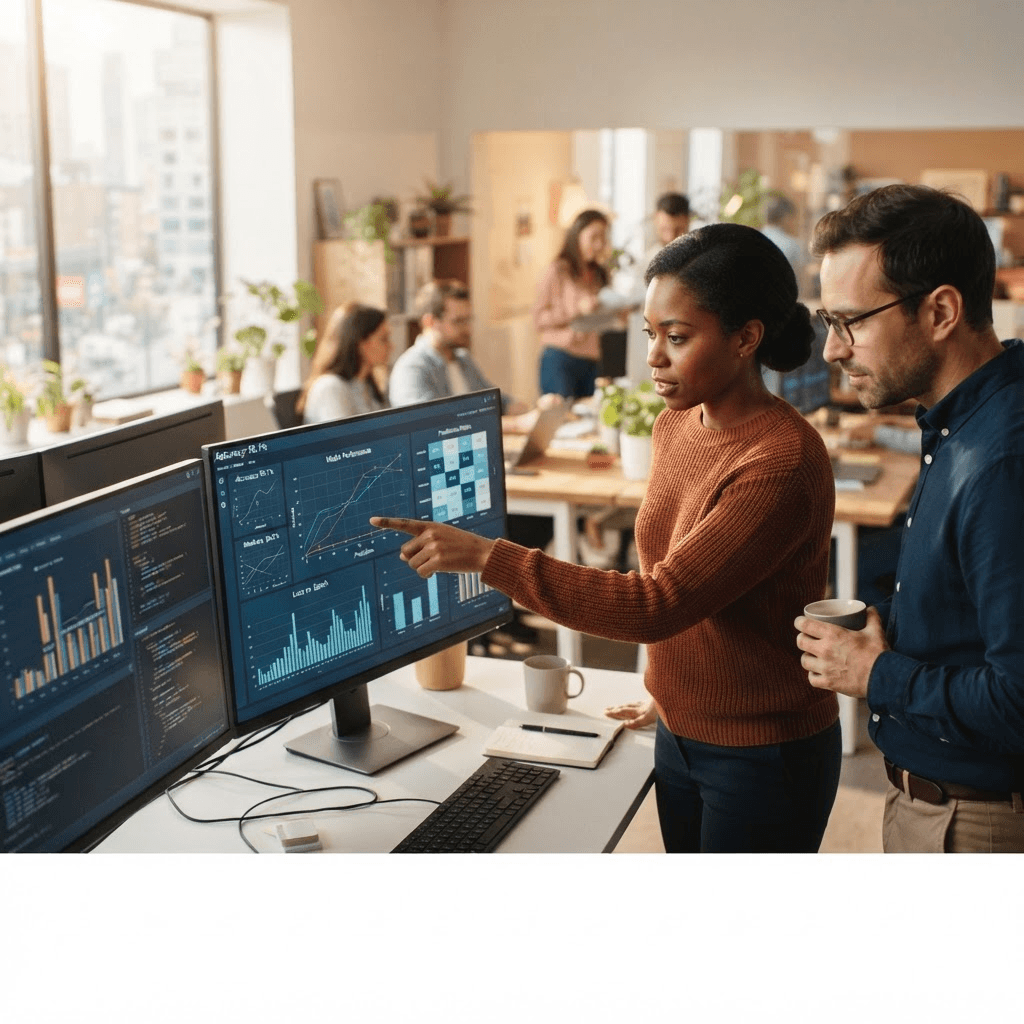 Canviz data scientists reviewing AI model outputs and dashboards together