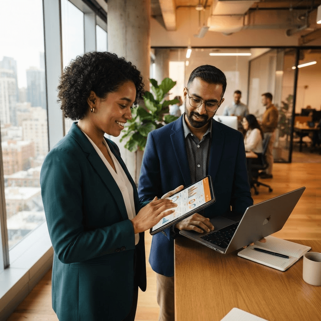 Business professionals using a custom dashboard app and reviewing analytics together