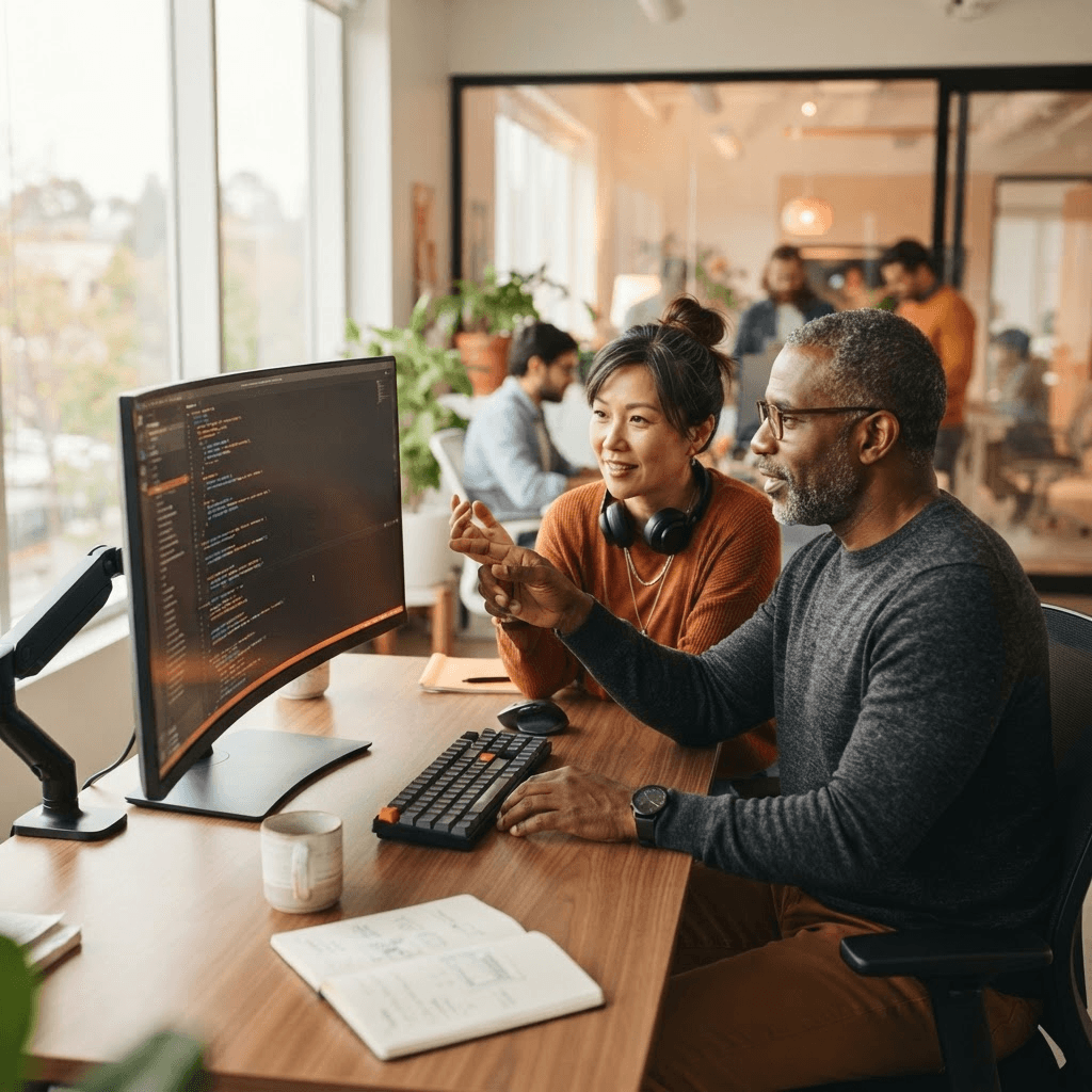 Engineers reviewing an enterprise software platform